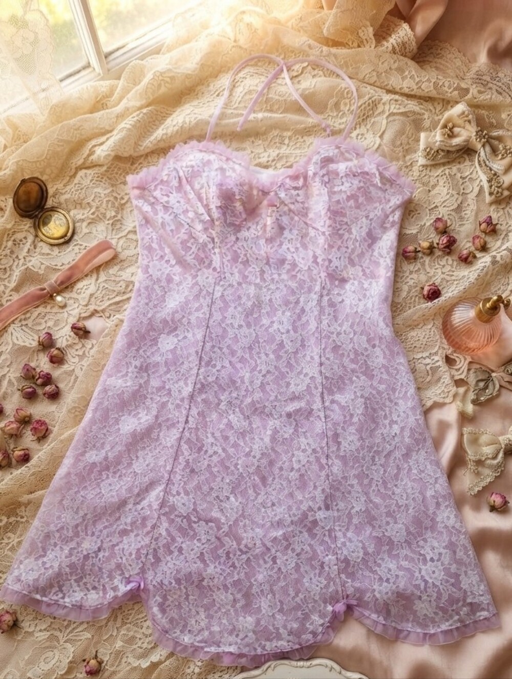 VINTAGE ITALIAN Lace & Tulle Halter Dress Chemise Soft Pink/Lavender Lingerie